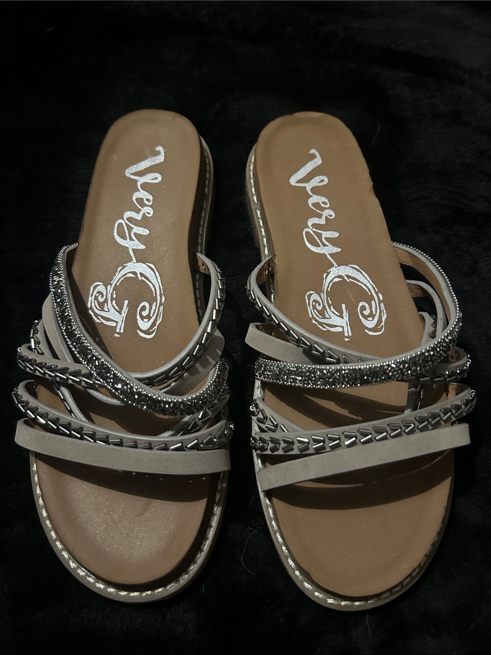 Very G Taupe and Silver Strappy Slide Sandals
